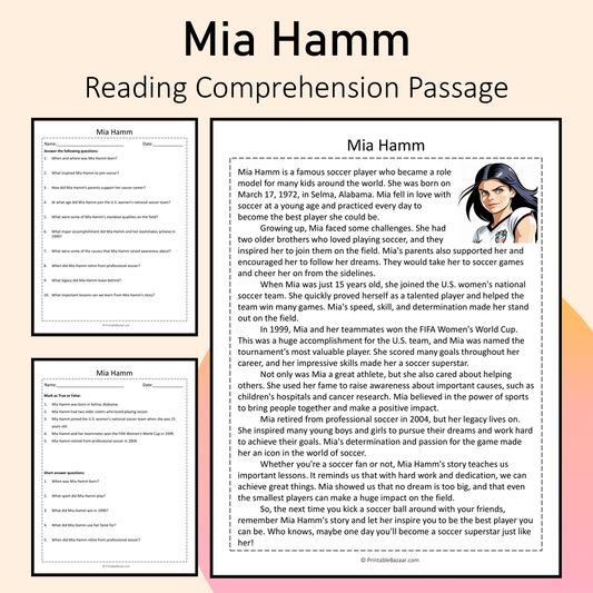 Mia Hamm | Reading Comprehension Passage Printable Activity