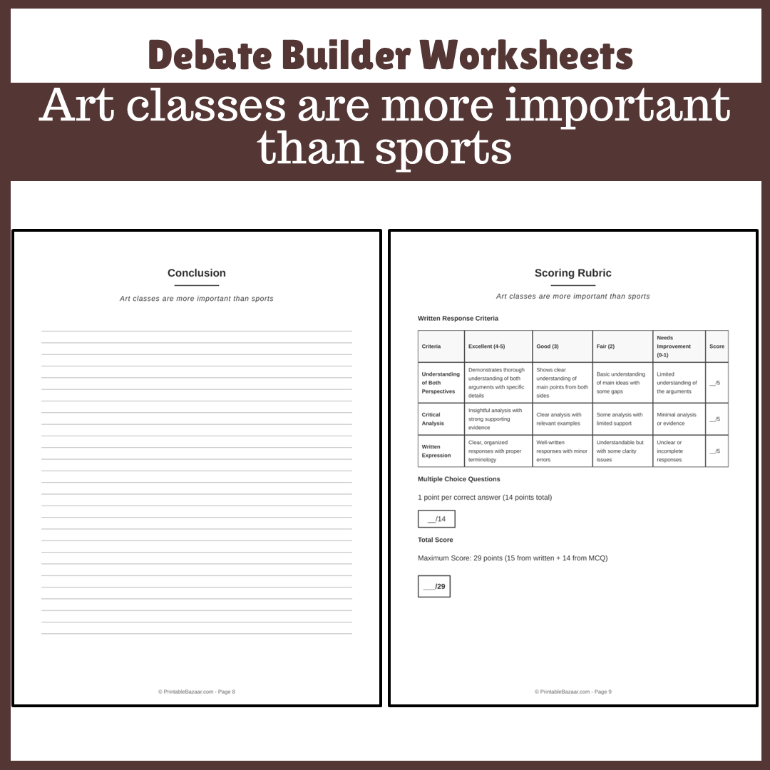 Art classes are more important than sports | Favour and Against Worksheet Printable Activity