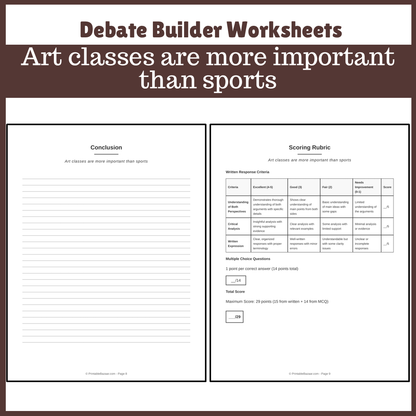 Art classes are more important than sports | Favour and Against Worksheet Printable Activity