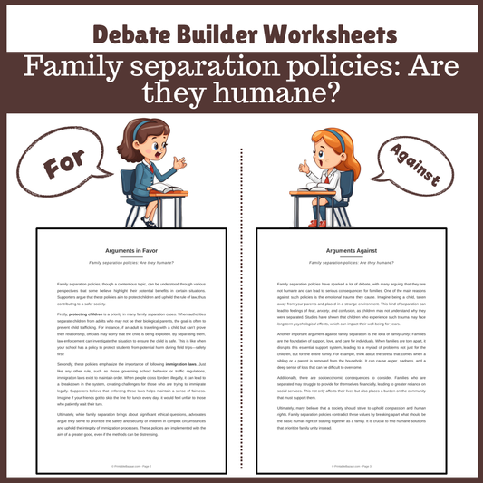 Family separation policies: Are they humane? | Favour and Against Worksheet Printable Activity