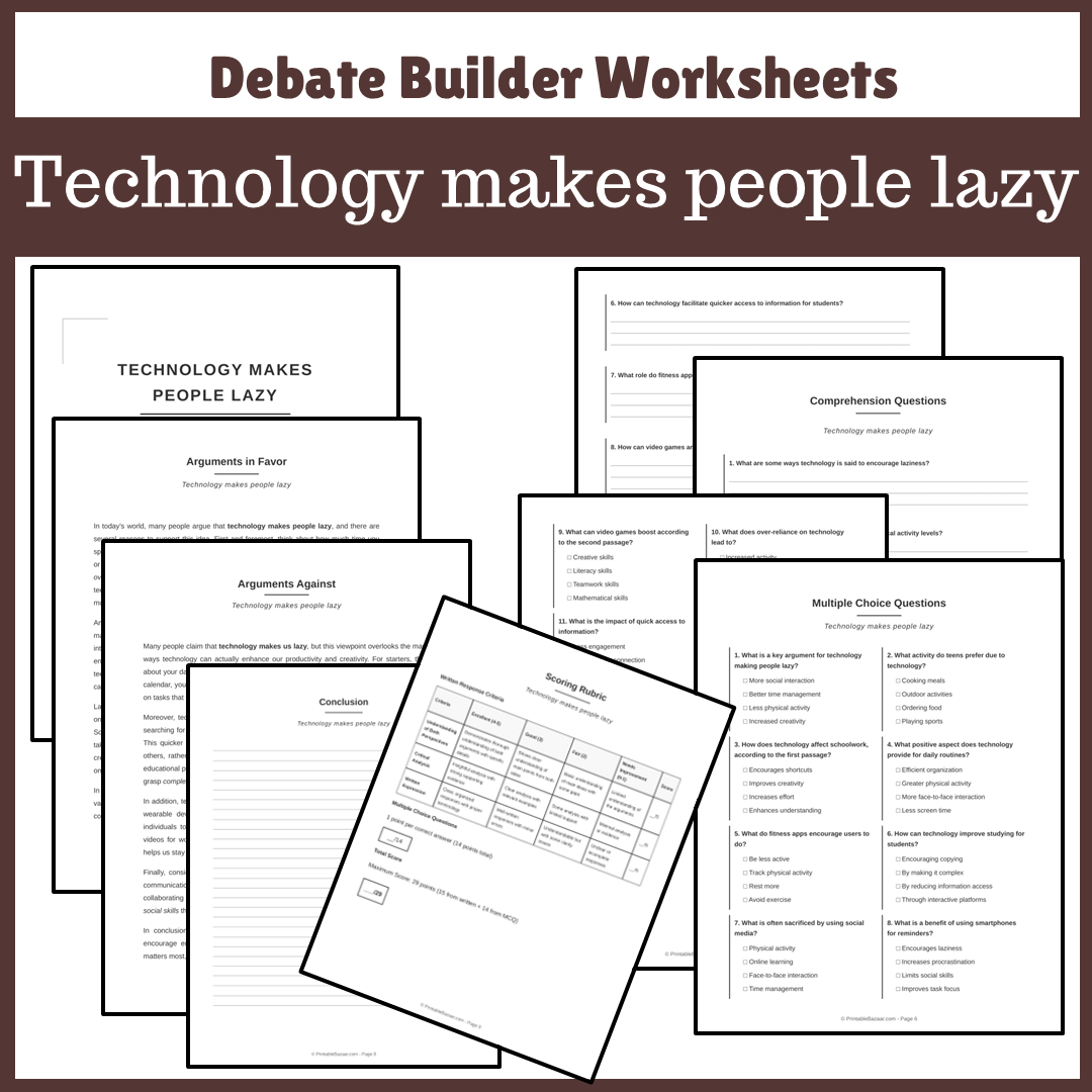 Technology makes people lazy | Favour and Against Worksheet Printable Activity