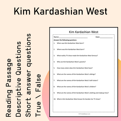 Kim Kardashian West | Reading Comprehension Passage Printable Activity