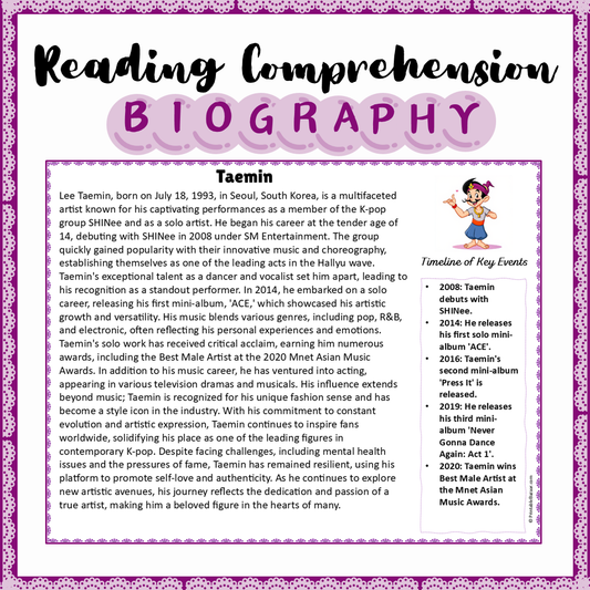 Taemin | Biography Reading Comprehension and Questions Worksheet