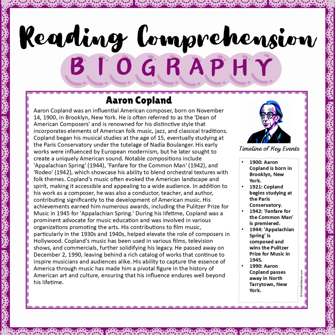 Aaron Copland | Biography Reading Comprehension and Questions Worksheet