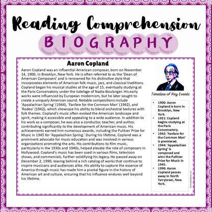 Aaron Copland | Biography Reading Comprehension and Questions Worksheet