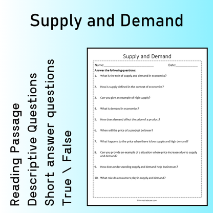 Supply and Demand | Reading Comprehension Passage Printable Worksheet