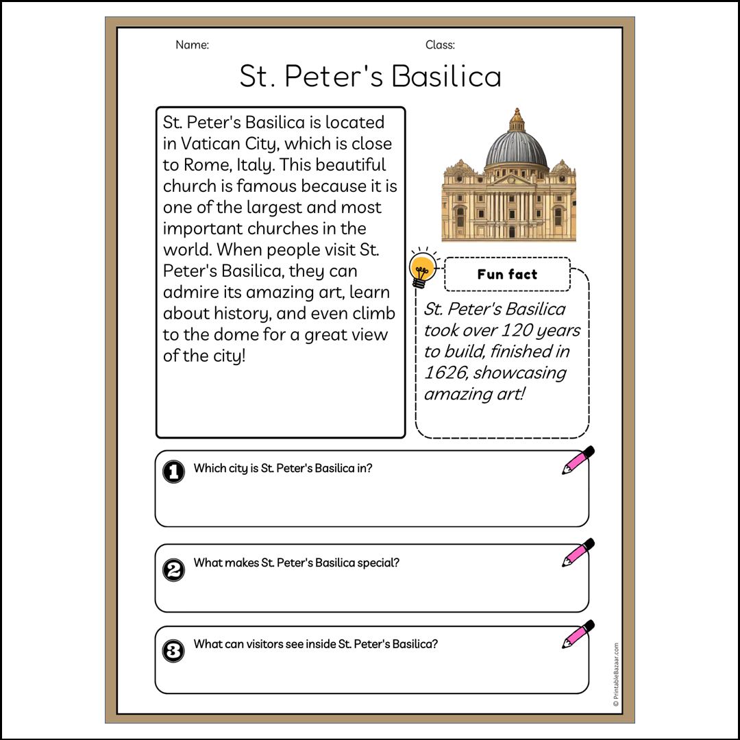 St. Peter's Basilica | Reading Passage Comprehension Questions Writing Facts Worksheet