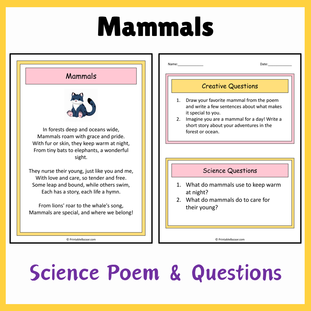 Mammals | Science Poem Reading Comprehension Activity