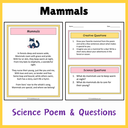 Mammals | Science Poem Reading Comprehension Activity