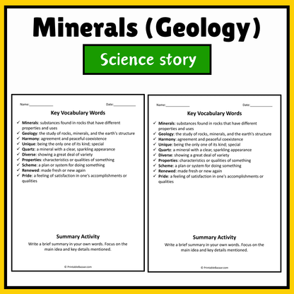 Minerals (Geology) | Science Story Reading Comprehension Activity