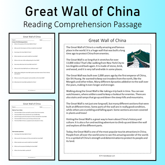 Great Wall of China | Reading Comprehension Passage Printable Worksheet