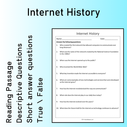 Internet History | Reading Comprehension Passage Printable Worksheet