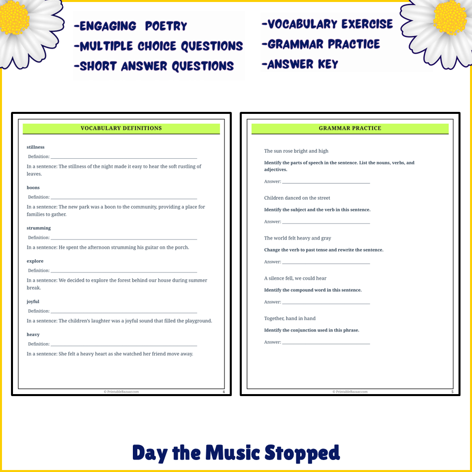 Day the Music Stopped | Poem Grammar Worksheet Printable Activity