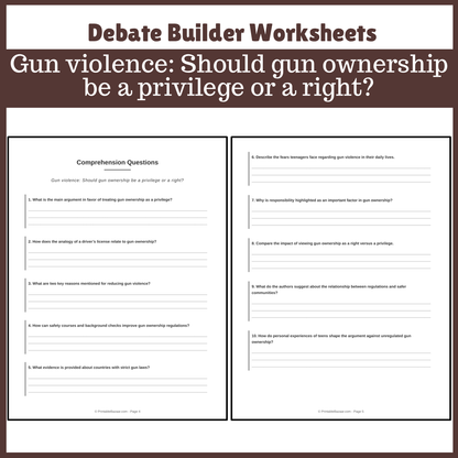 Gun violence: Should gun ownership be a privilege or a right? | Favour and Against Worksheet Printable Activity