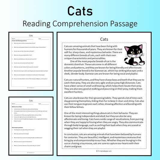 Cats | Reading Comprehension Passage Printable Worksheet