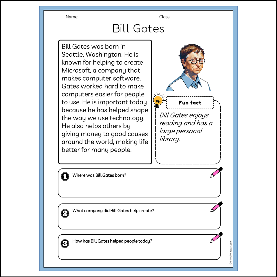 Bill Gates | Reading Passage Comprehension Questions Writing Facts Worksheet