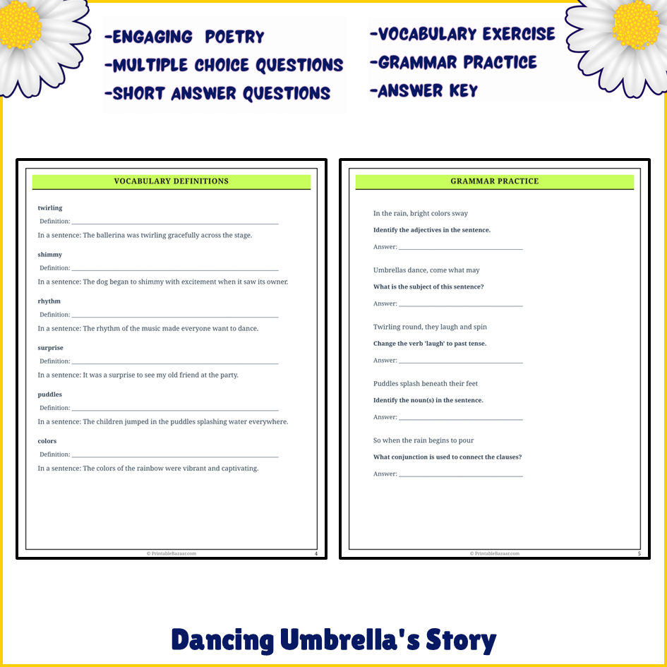 Dancing Umbrella's Story | Poem Grammar Worksheet Printable Activity