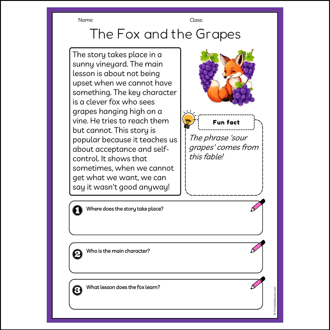 The Fox and the Grapes | Reading Passage Comprehension Questions Writing Facts Worksheet