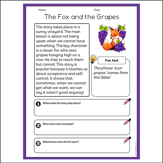 The Fox and the Grapes | Reading Passage Comprehension Questions Writing Facts Worksheet