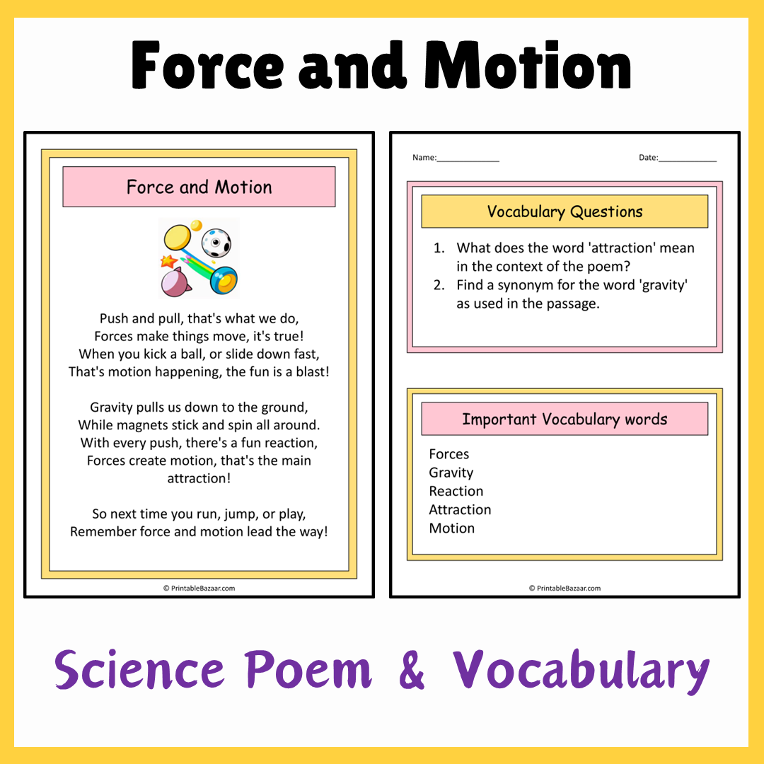 Force and Motion | Science Poem Reading Comprehension Activity