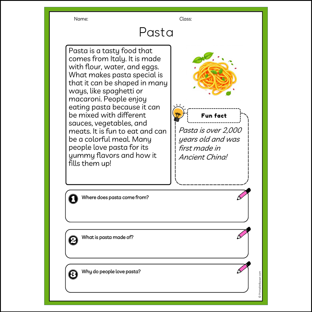 Pasta | Reading Passage Comprehension Questions Writing Facts Worksheet