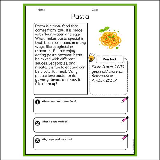 Pasta | Reading Passage Comprehension Questions Writing Facts Worksheet