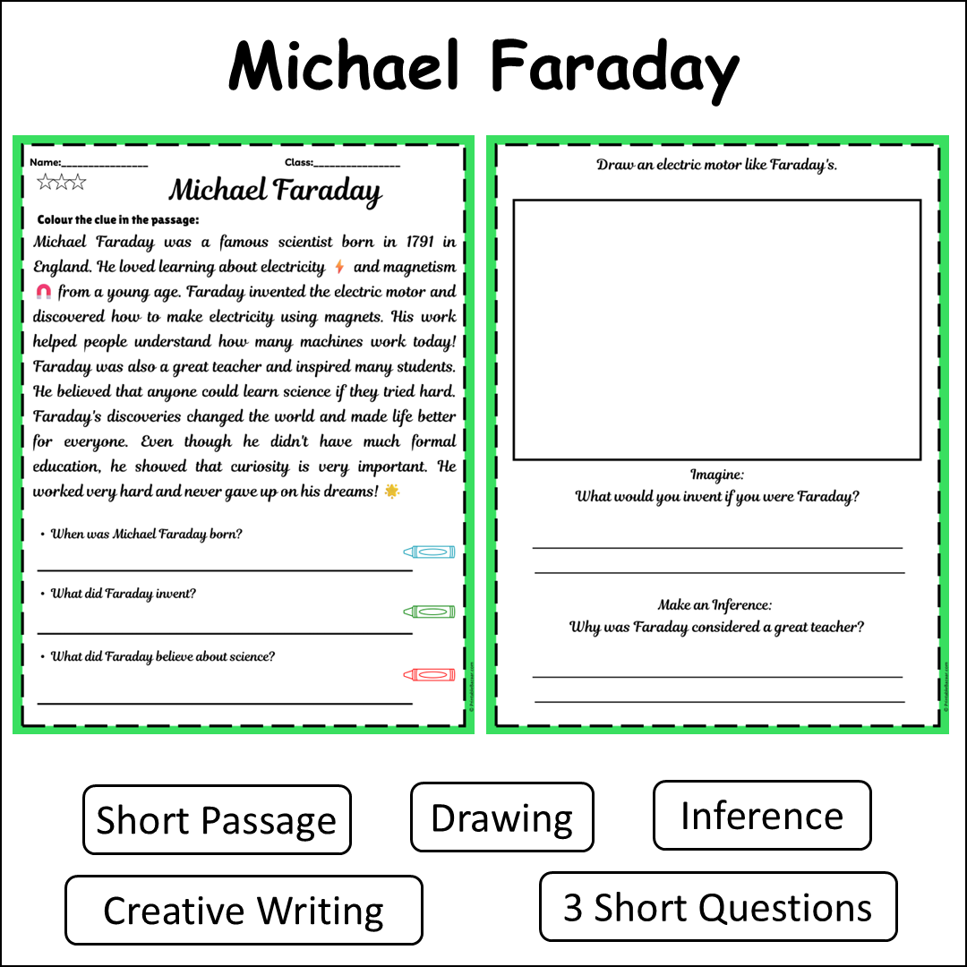 Michael Faraday | Short Reading Comprehension Creative Worksheet