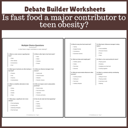 Is fast food a major contributor to teen obesity? | Favour and Against Worksheet Printable Activity