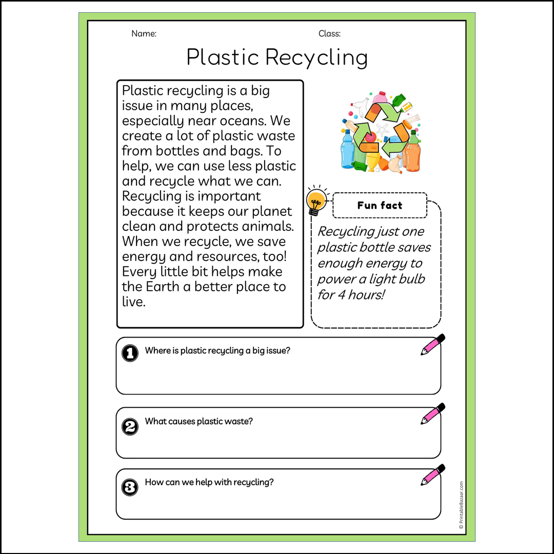 Plastic Recycling | Reading Passage Comprehension Questions Writing Facts Worksheet