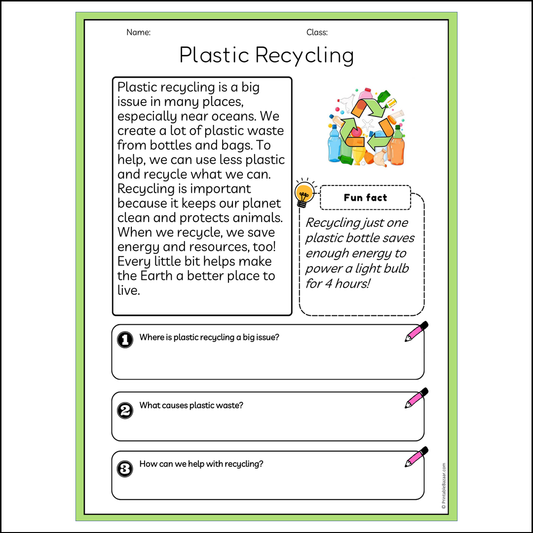 Plastic Recycling | Reading Passage Comprehension Questions Writing Facts Worksheet