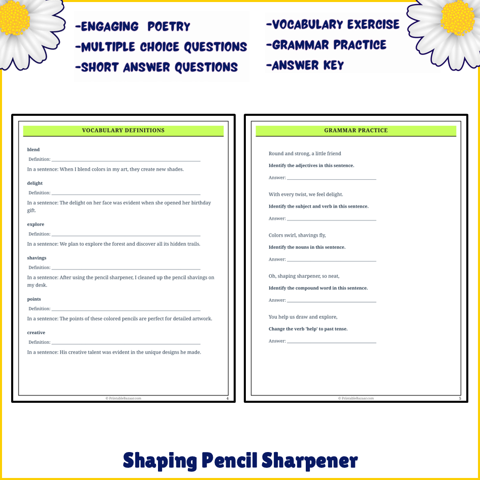 Shaping Pencil Sharpener | Poem Grammar Worksheet Printable Activity