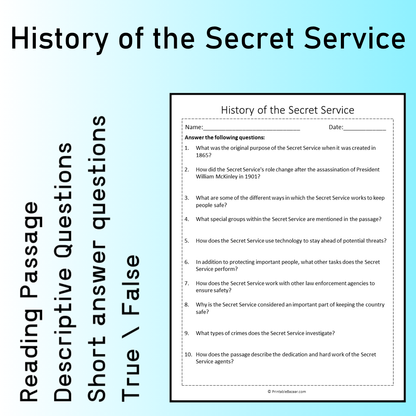 History of the Secret Service | Reading Comprehension Passage Printable Worksheet