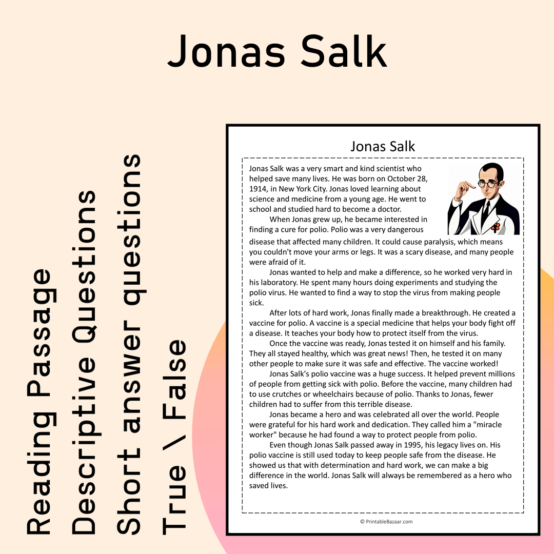 Jonas Salk | Reading Comprehension Passage Printable Activity