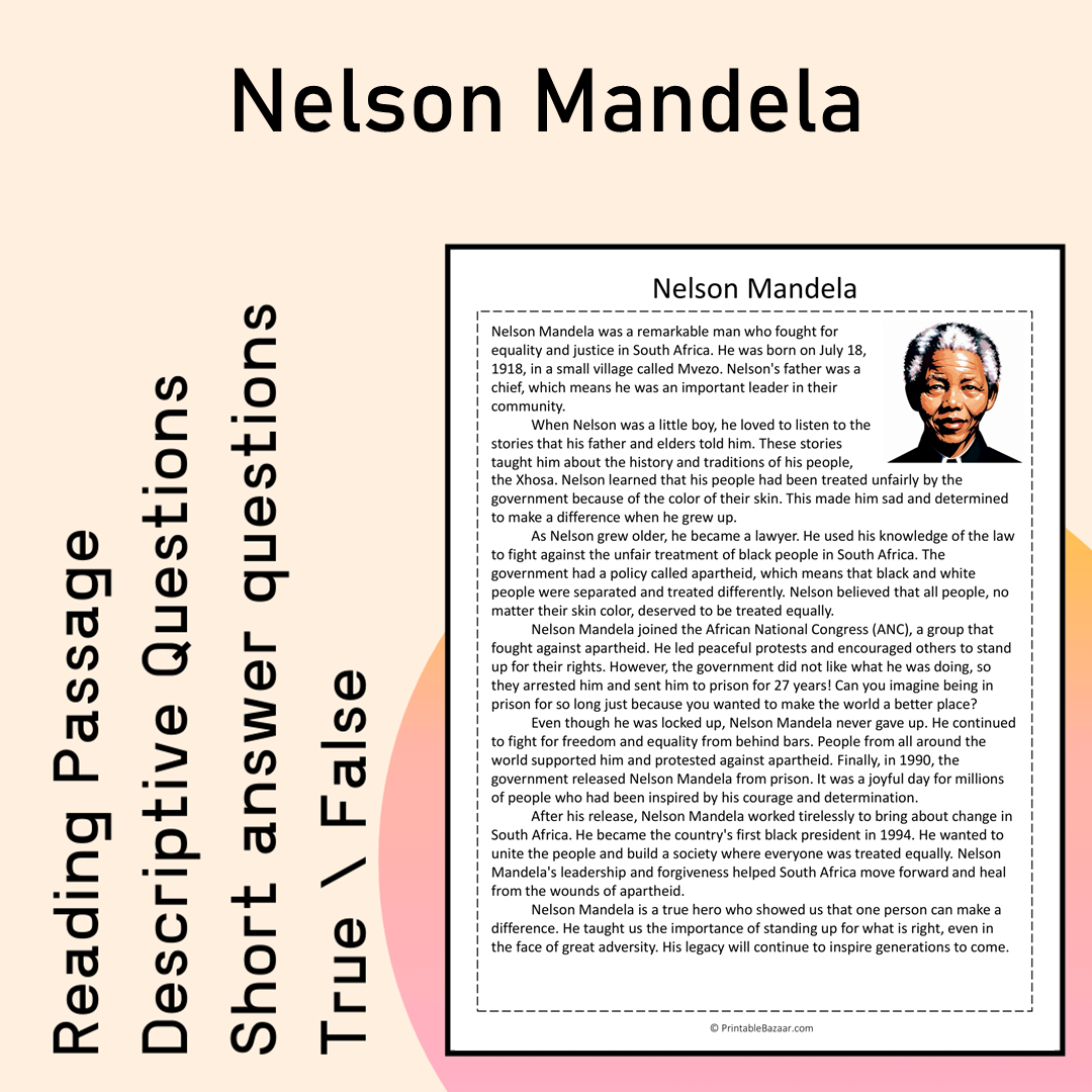 Nelson Mandela | Reading Comprehension Passage Printable Activity