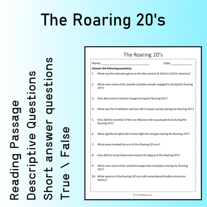 The Roaring 20's | Reading Comprehension Passage Printable Worksheet