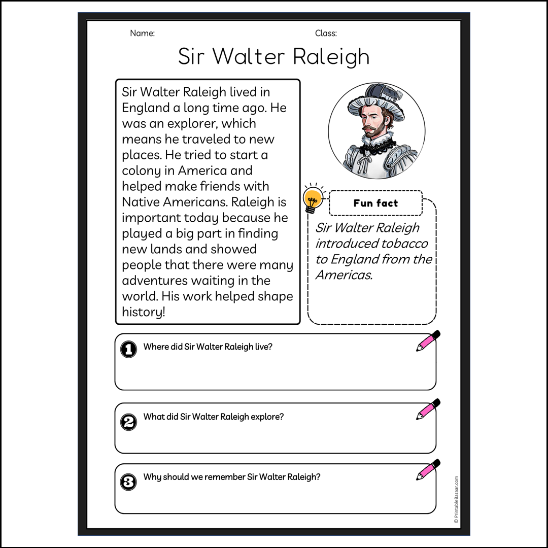 Sir Walter Raleigh | Reading Passage Comprehension Questions Writing Facts Worksheet