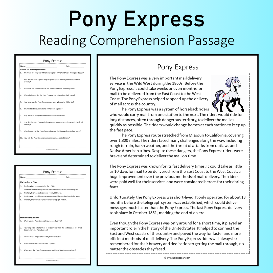 Pony Express | Reading Comprehension Passage Printable Worksheet