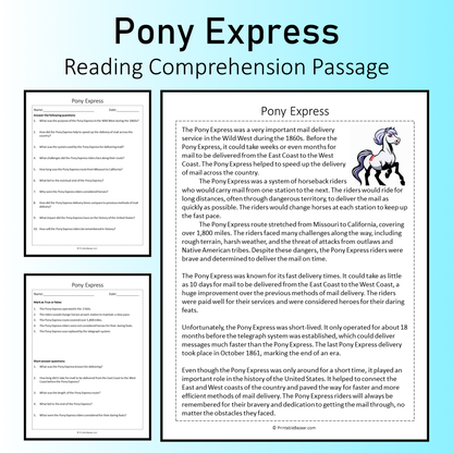 Pony Express | Reading Comprehension Passage Printable Worksheet
