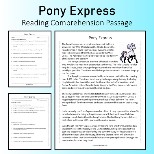 Pony Express | Reading Comprehension Passage Printable Worksheet