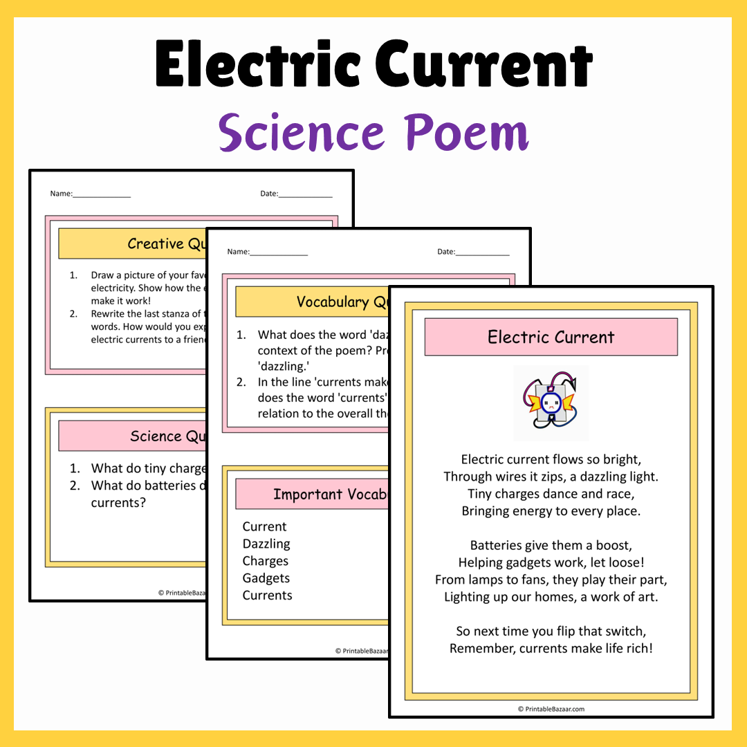 Electric Current | Science Poem Reading Comprehension Activity