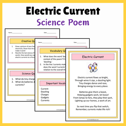 Electric Current | Science Poem Reading Comprehension Activity