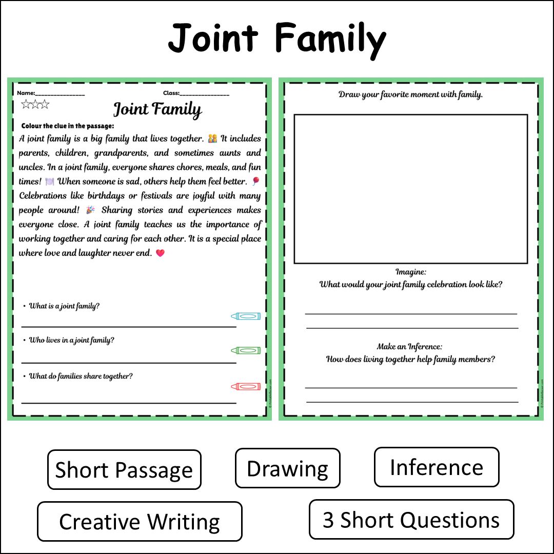 Joint Family | Short Reading Comprehension Creative Worksheet