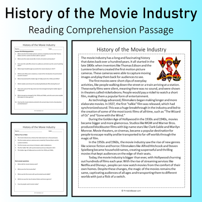 History of the Movie Industry | Reading Comprehension Passage Printable Worksheet