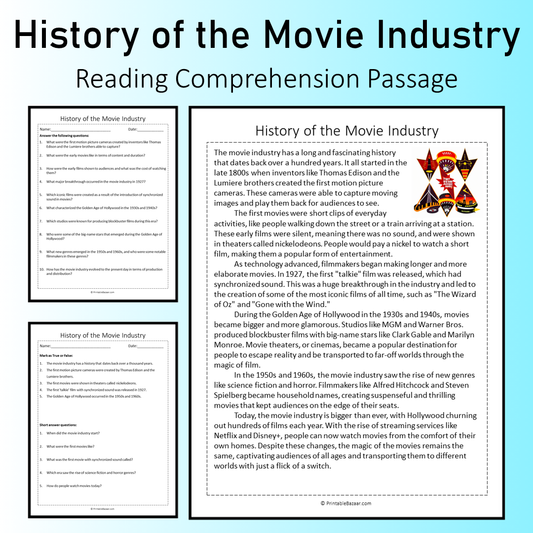 History of the Movie Industry | Reading Comprehension Passage Printable Worksheet