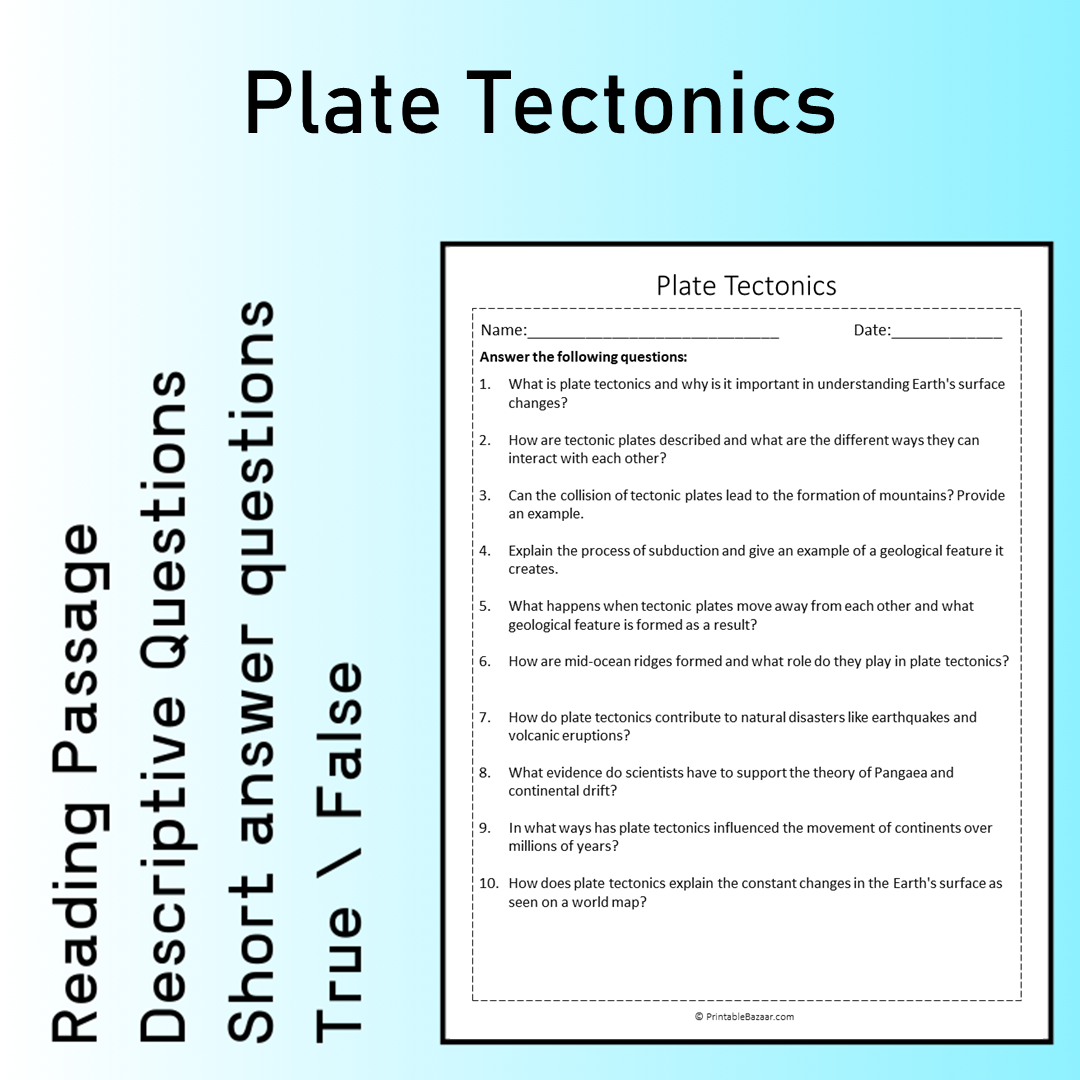 Plate Tectonics | Reading Comprehension Passage Printable Worksheet