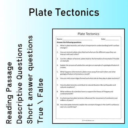 Plate Tectonics | Reading Comprehension Passage Printable Worksheet