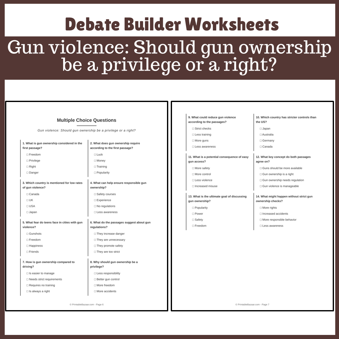 Gun violence: Should gun ownership be a privilege or a right? | Favour and Against Worksheet Printable Activity