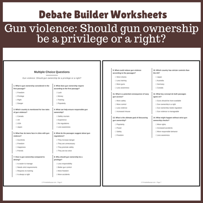 Gun violence: Should gun ownership be a privilege or a right? | Favour and Against Worksheet Printable Activity