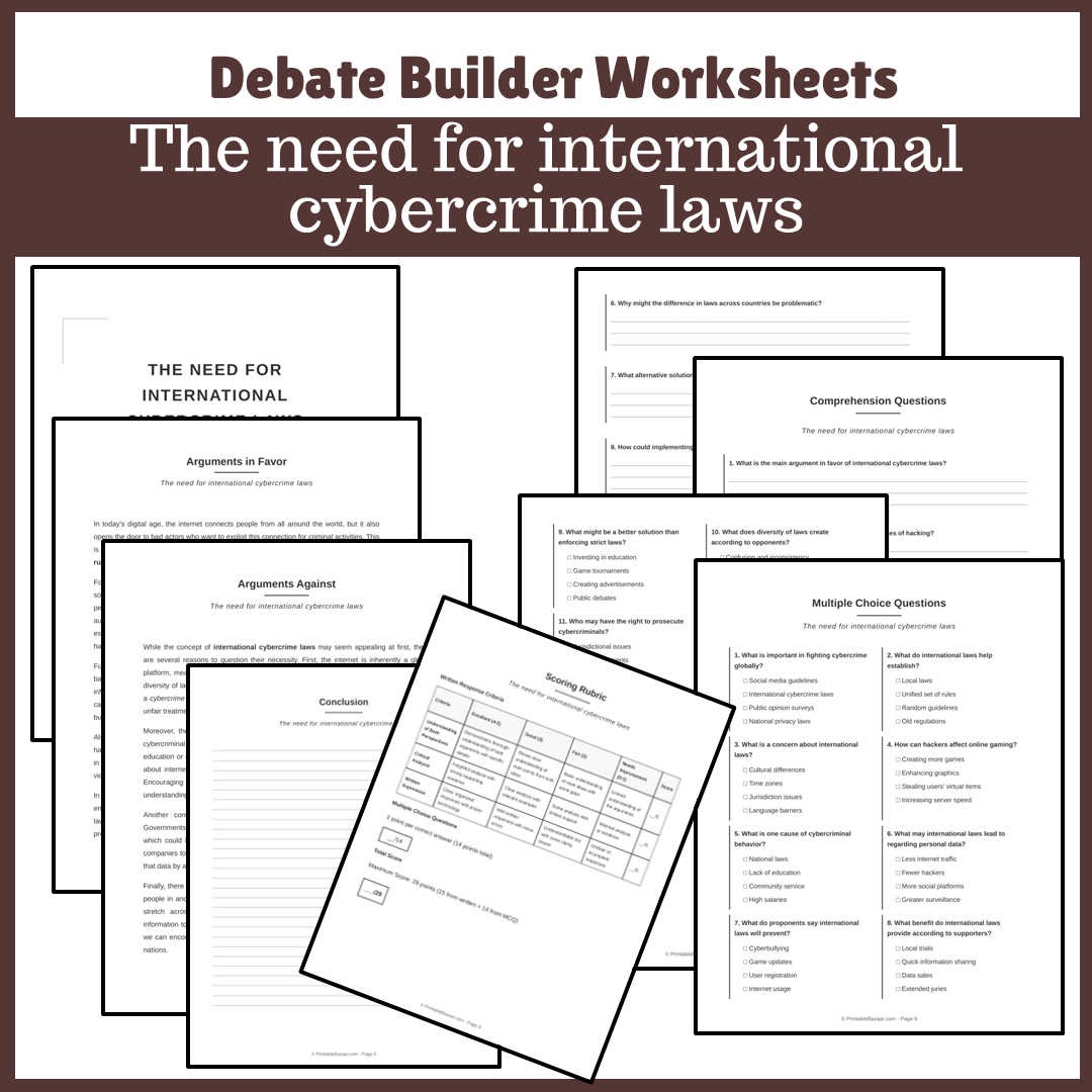 The need for international cybercrime laws | Favour and Against Worksheet Printable Activity