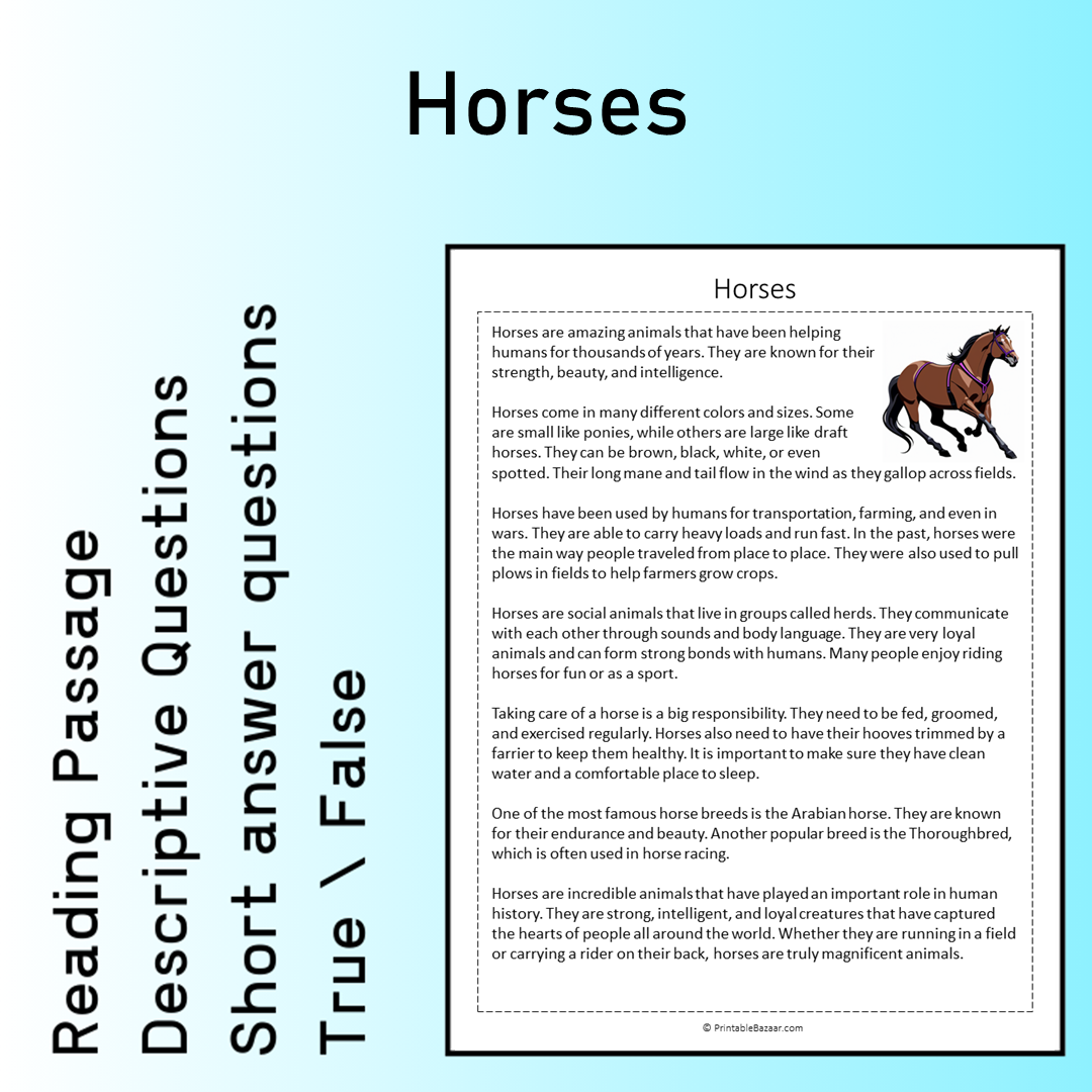 Horses | Reading Comprehension Passage Printable Worksheet